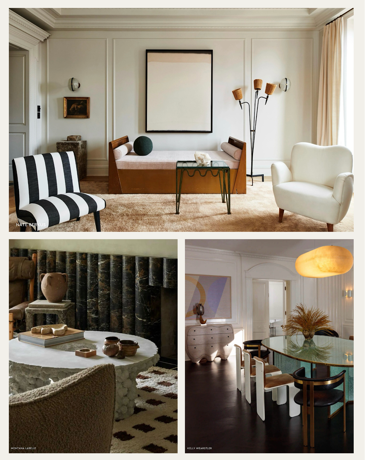 A collage of images featuring curved furniture forms in three well-designed spaces.