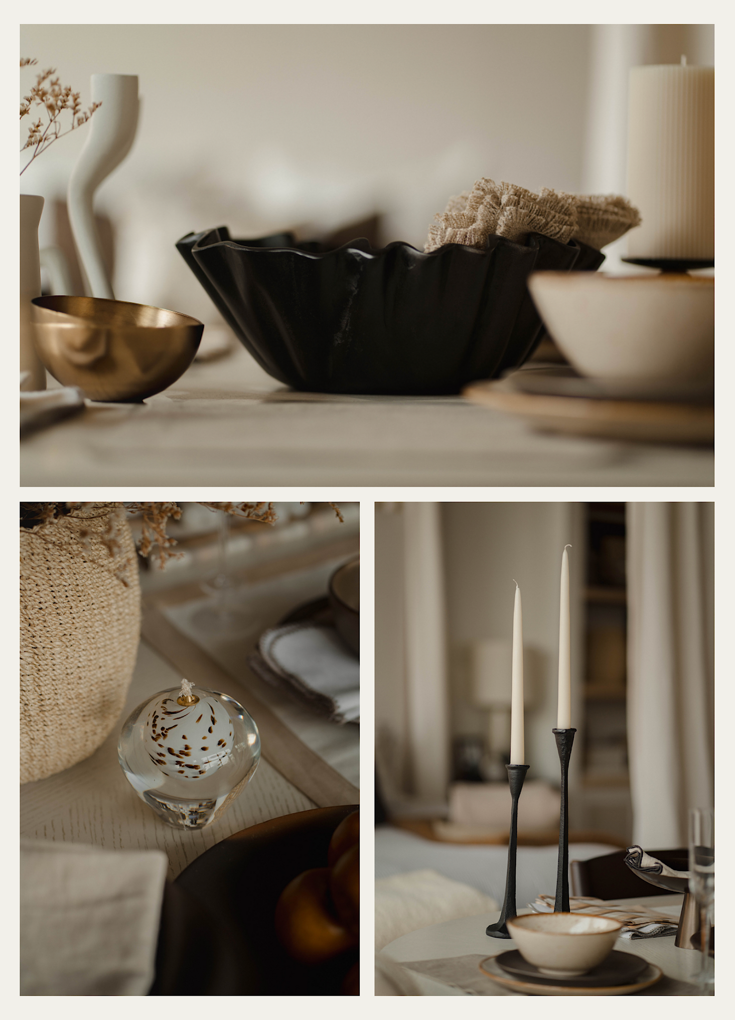 A collage of three images displaying accessories that can be used to style a dining table, including a painted black aluminum bowl, a polish glass oil candle and black iron candlesticks.