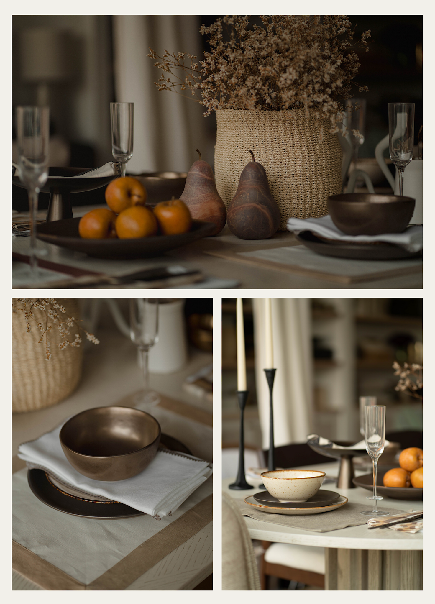 A collage of three images displaying accessories that can be used to dress a dining table, including linens, glassware, and stoneware.