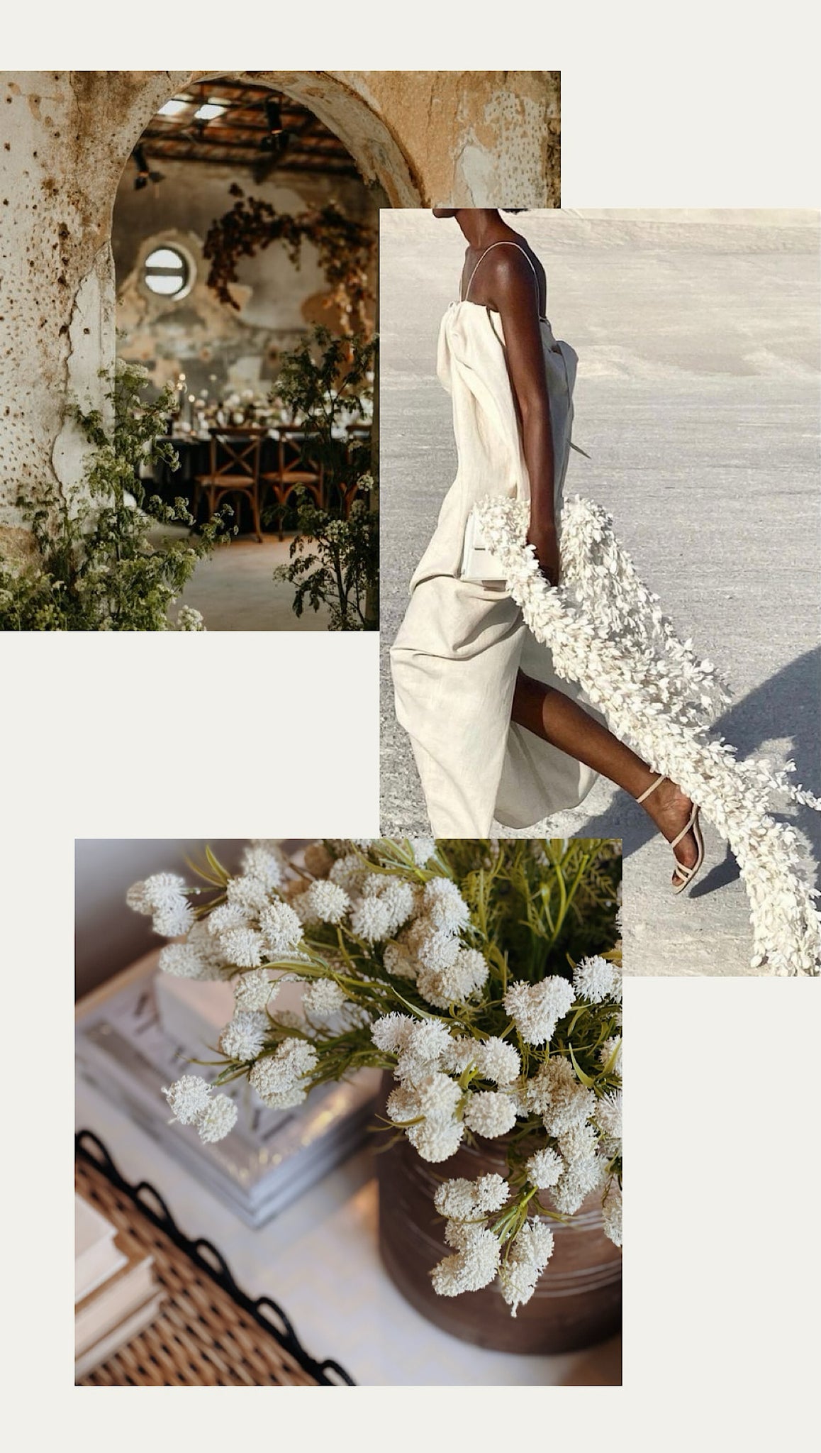 A collage of floral design including historical architecture with an overgrowth of white flowers, a white floral couture dress, and a white floral arrangement in an aged brown vase.