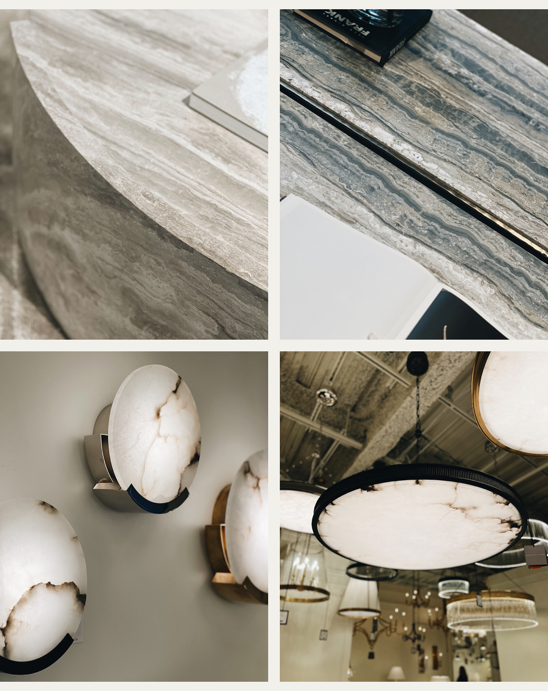 Four images of various stone forms used in decor. Two stone tabletops and two stone lightforms.