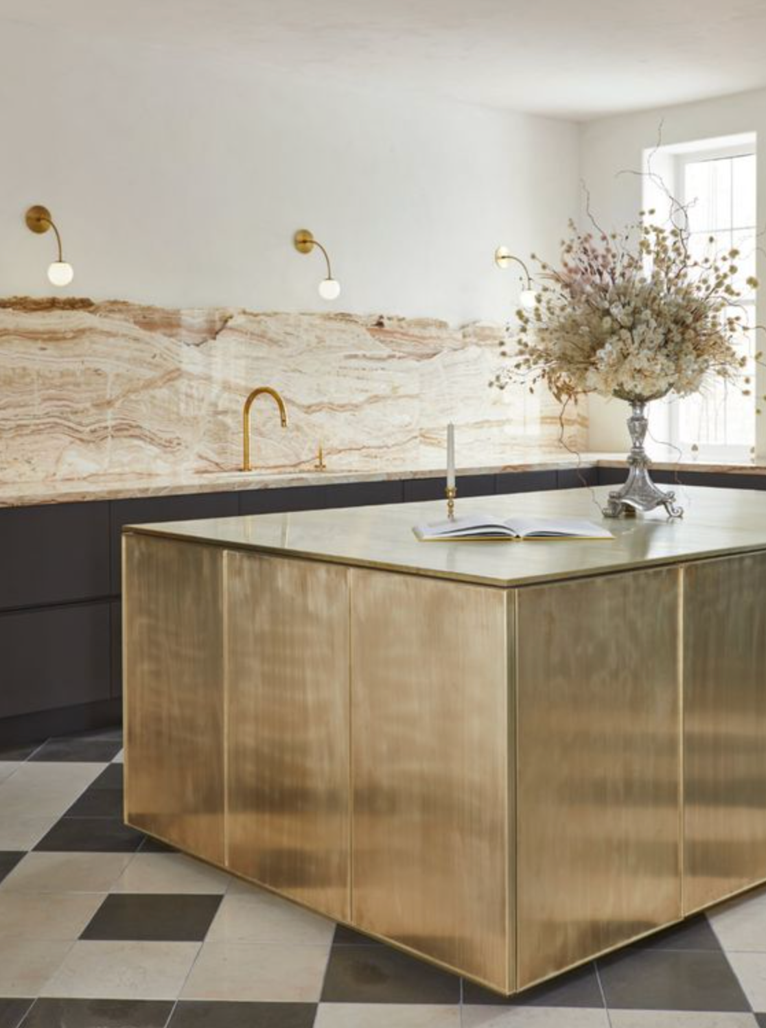 Gold wrapped kitchen island.