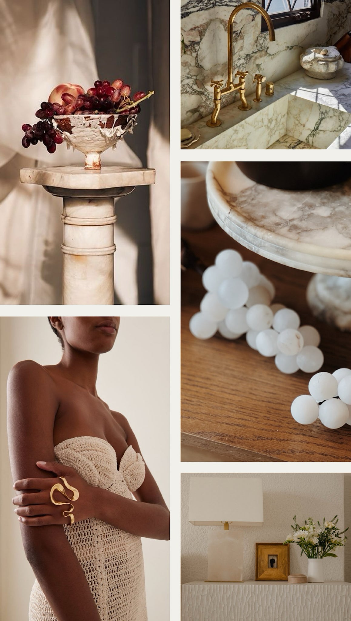 A collage of imagery inspired by the Mediterranean, including alabaster grapes, marble home decor, and a cream coloured dress highlighted by a gold bracelet.