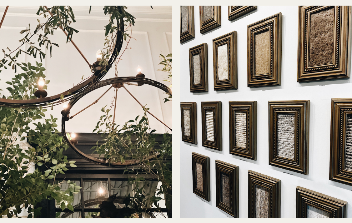 Two images from High Point Market - one of two chandeliers above trees, and the other of framed pieces of cashmere rugs displayed as art.