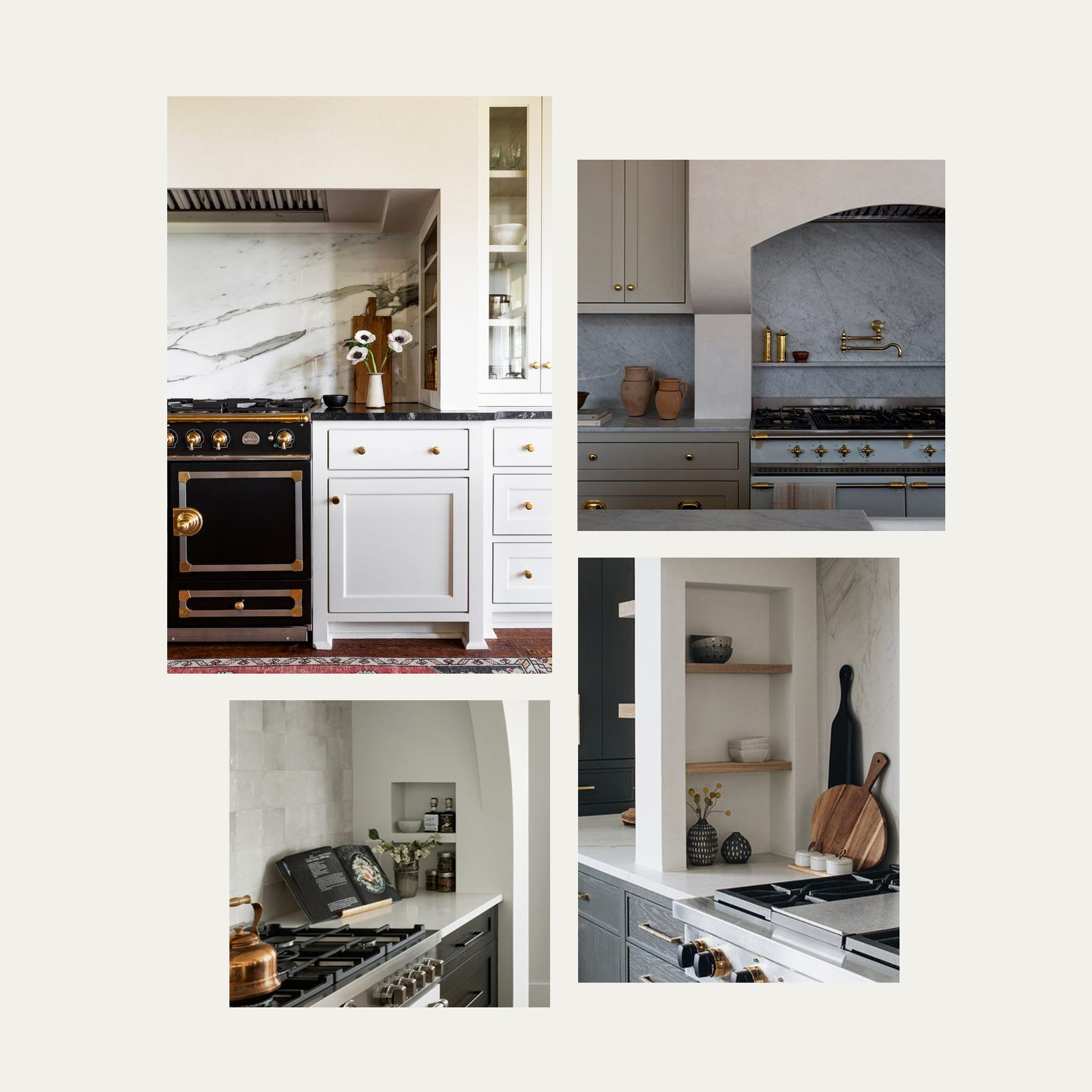 Collage featuring four images of unique kitchen niche details.