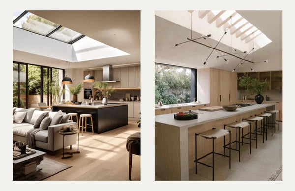 Two photos side by side depicting kitchen skylights.