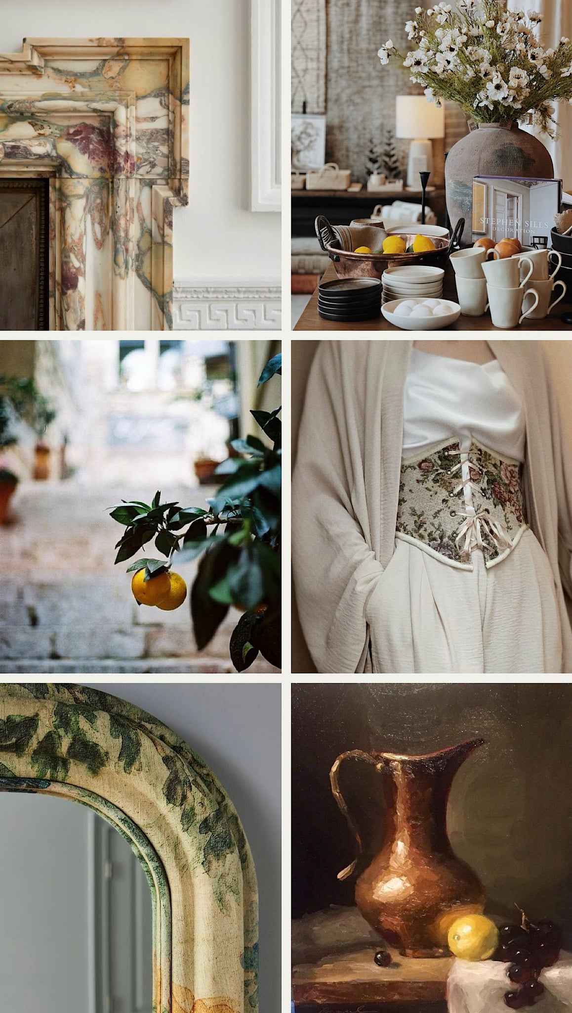 A collage of images that feature rich natural tones in the form of lemons, marble, and apparel, highlighted by layered neutral tones for an inspired summer palette.