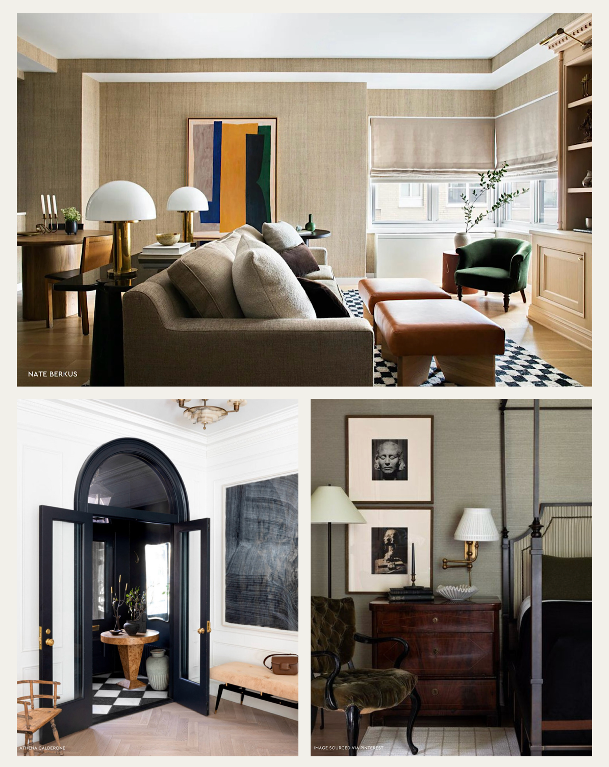 A collage of three images featuring the blending of maximalist and minimalist design styles.