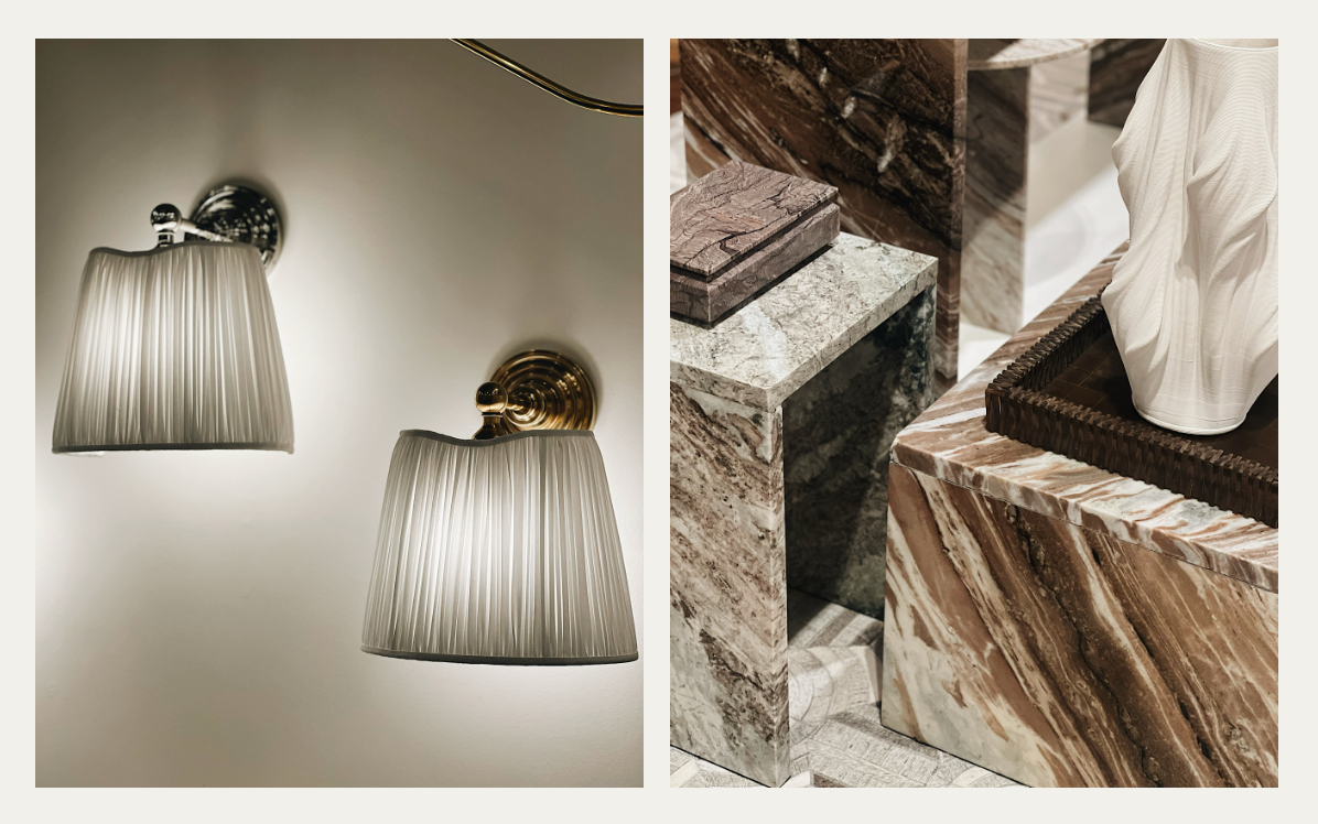 Two trend highlights from High Point Market are displayed. Pleated lampshades and stone forms in furniture and decor.