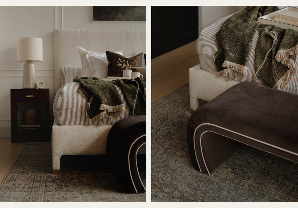 A side by side of two images, both highlighting different angles of The Simona Rug.