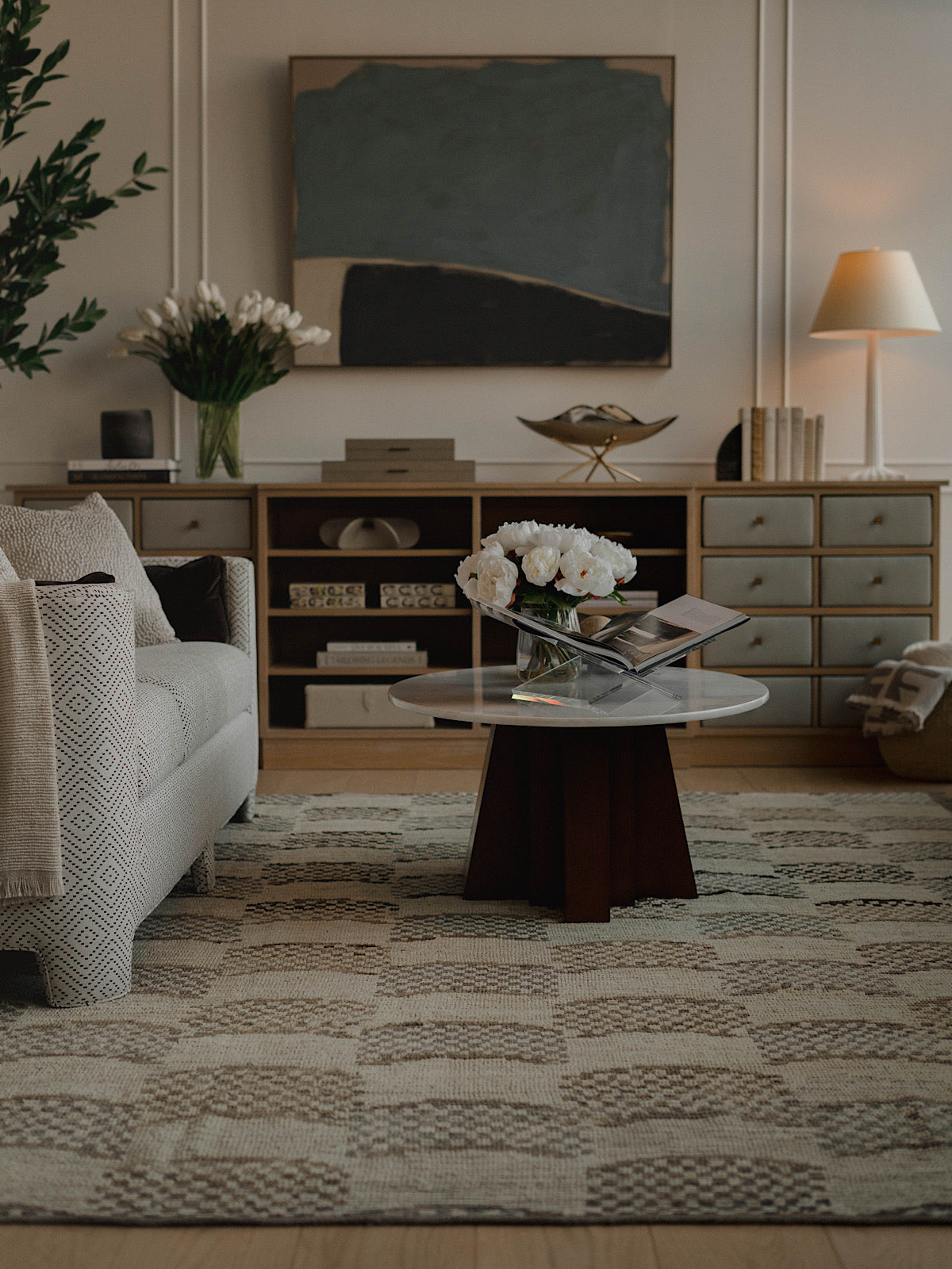 A styled living room with a focus on The Francis Rug.