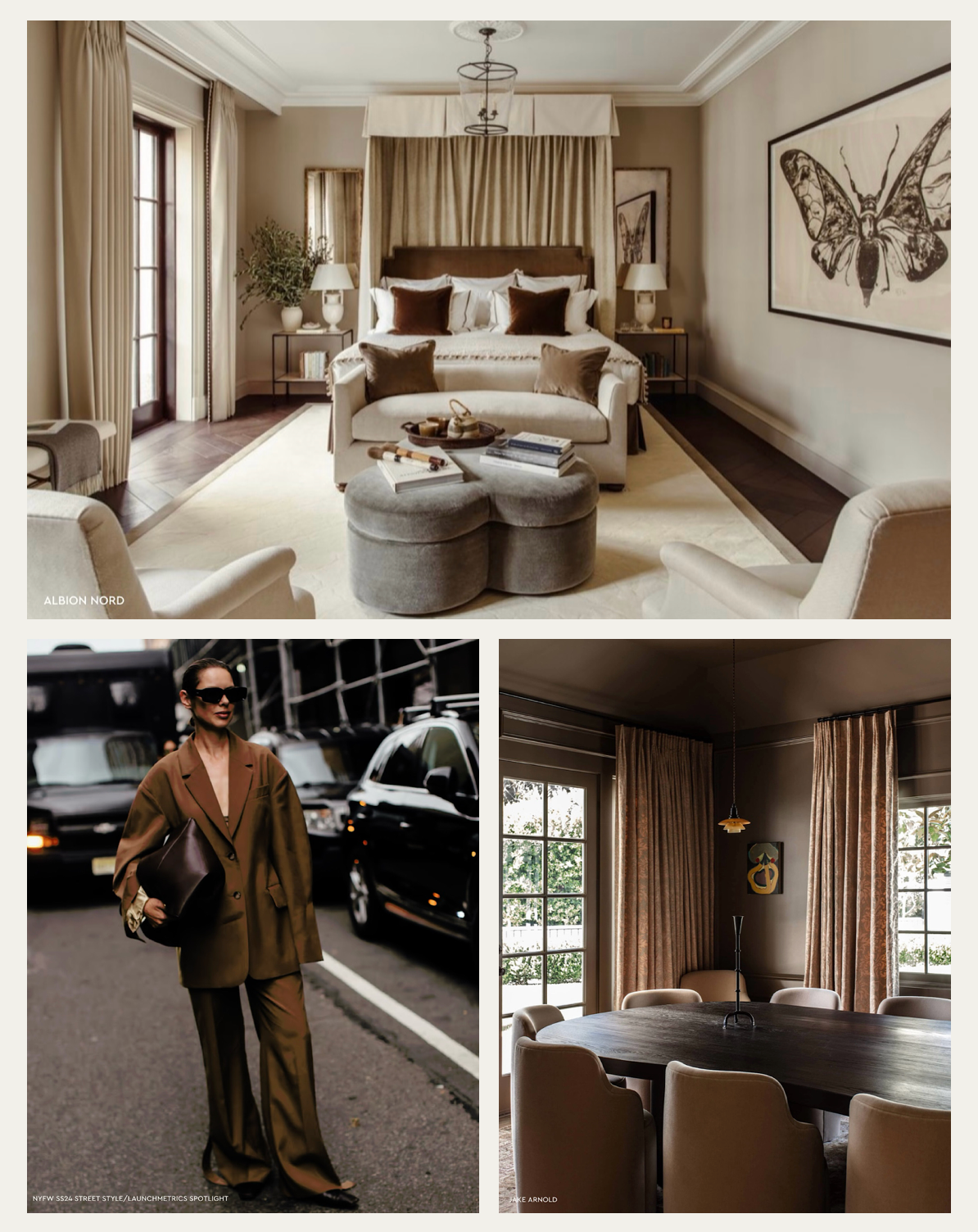 A collage of images featuring tone-on-tone interior design and tone-on-tone wardrobe styling in the 'latte' trend.