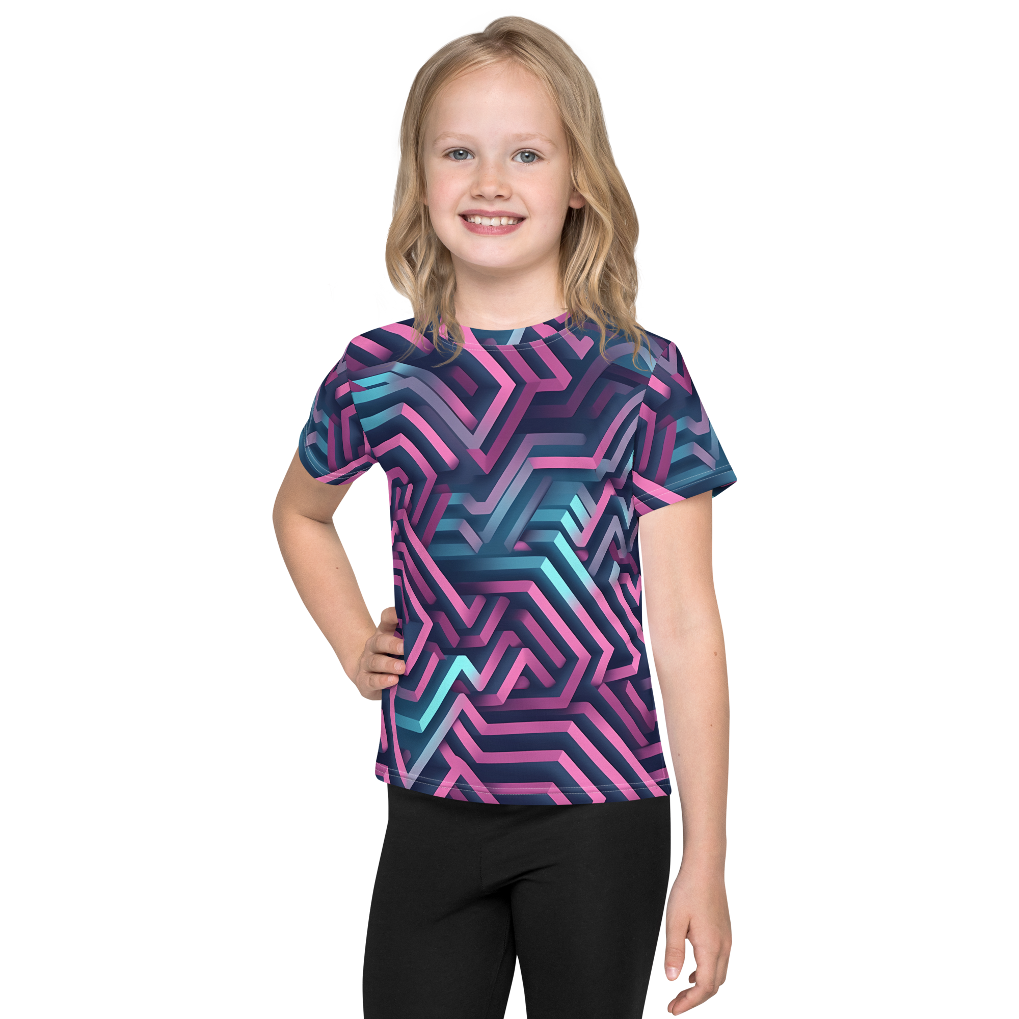 3D Maze Illusion | 3D Patterns | All-Over Print Kids Crew Neck T-Shirt - #4