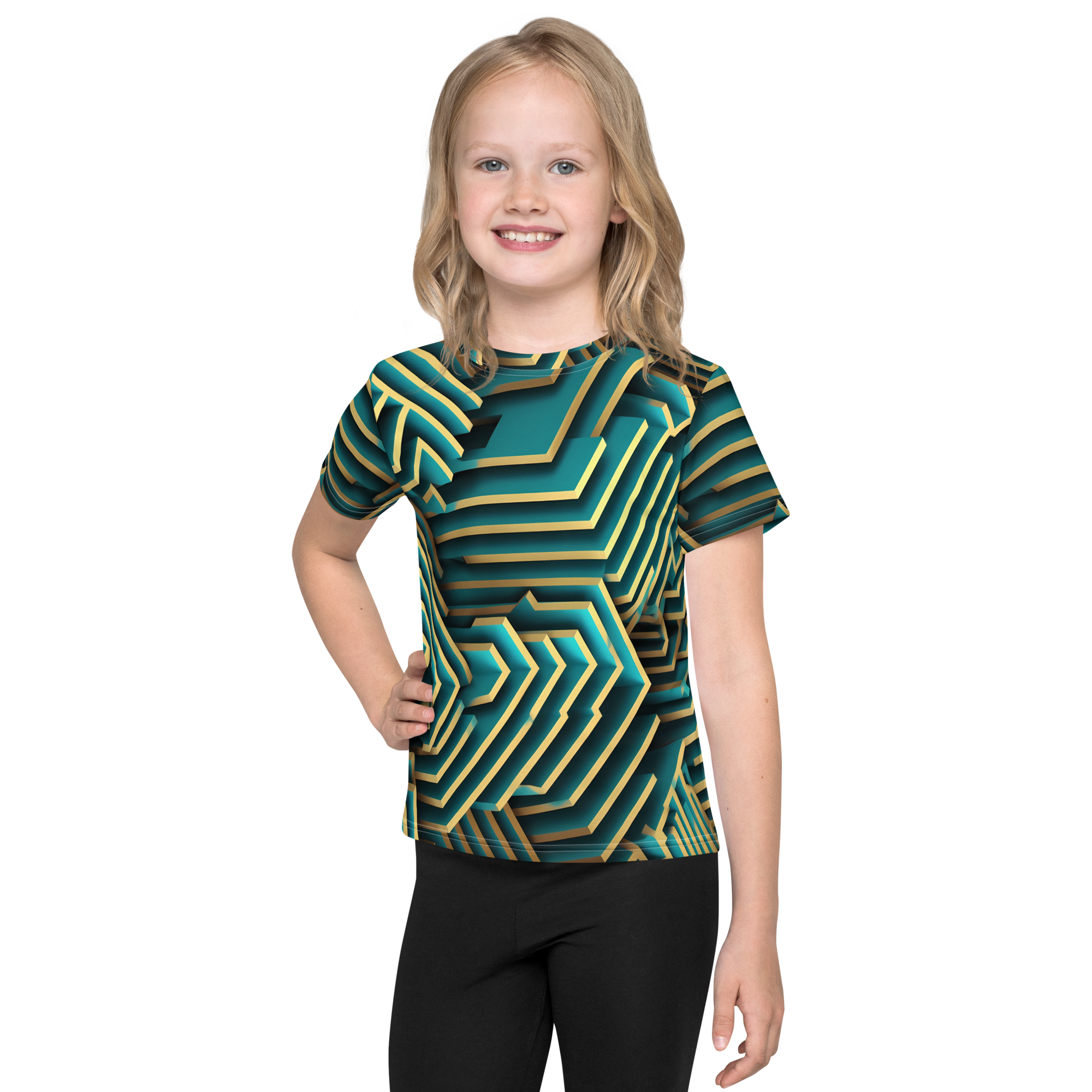 3D Maze Illusion | 3D Patterns | All-Over Print Kids Crew Neck T-Shirt - #5