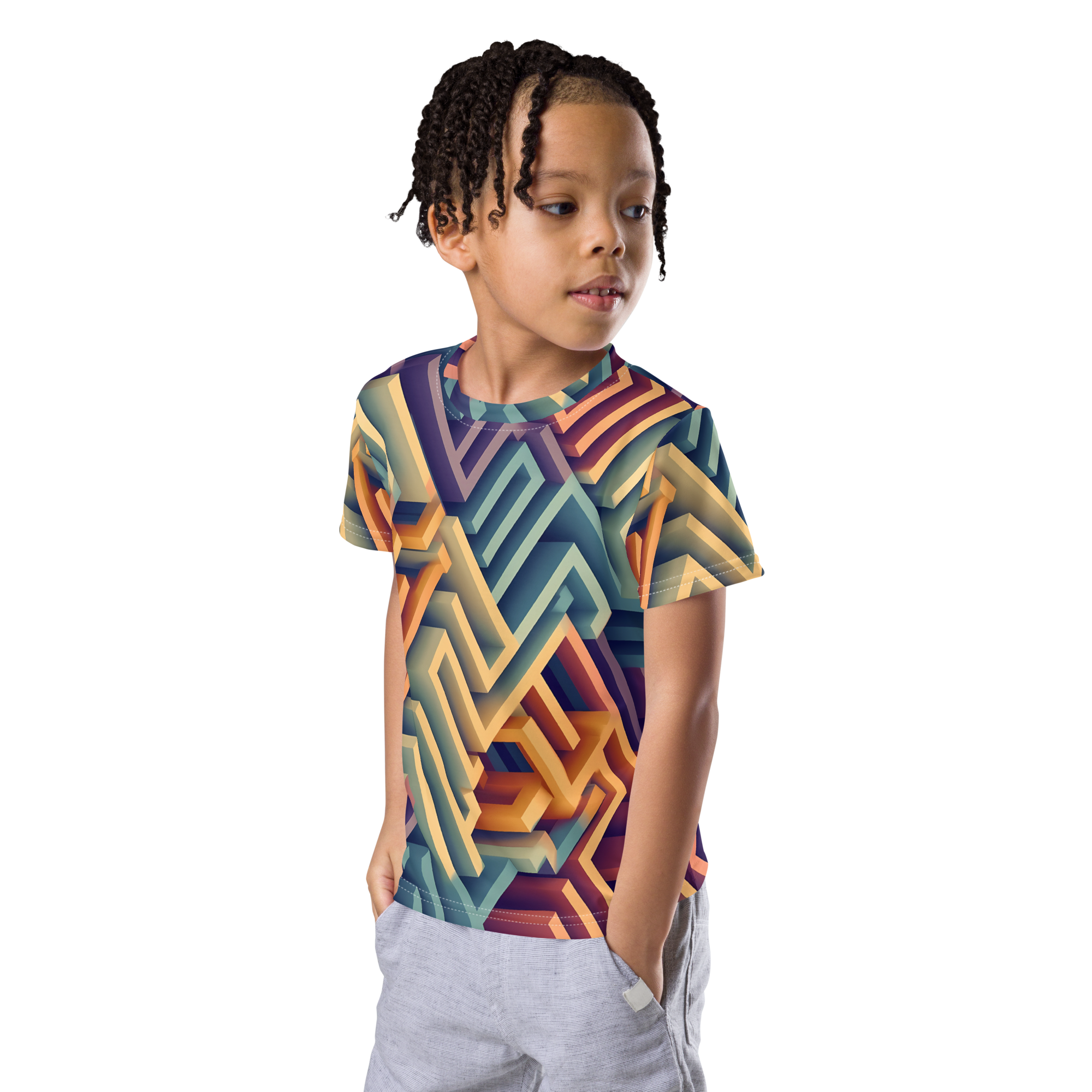 3D Maze Illusion | 3D Patterns | All-Over Print Kids Crew Neck T-Shirt - #3