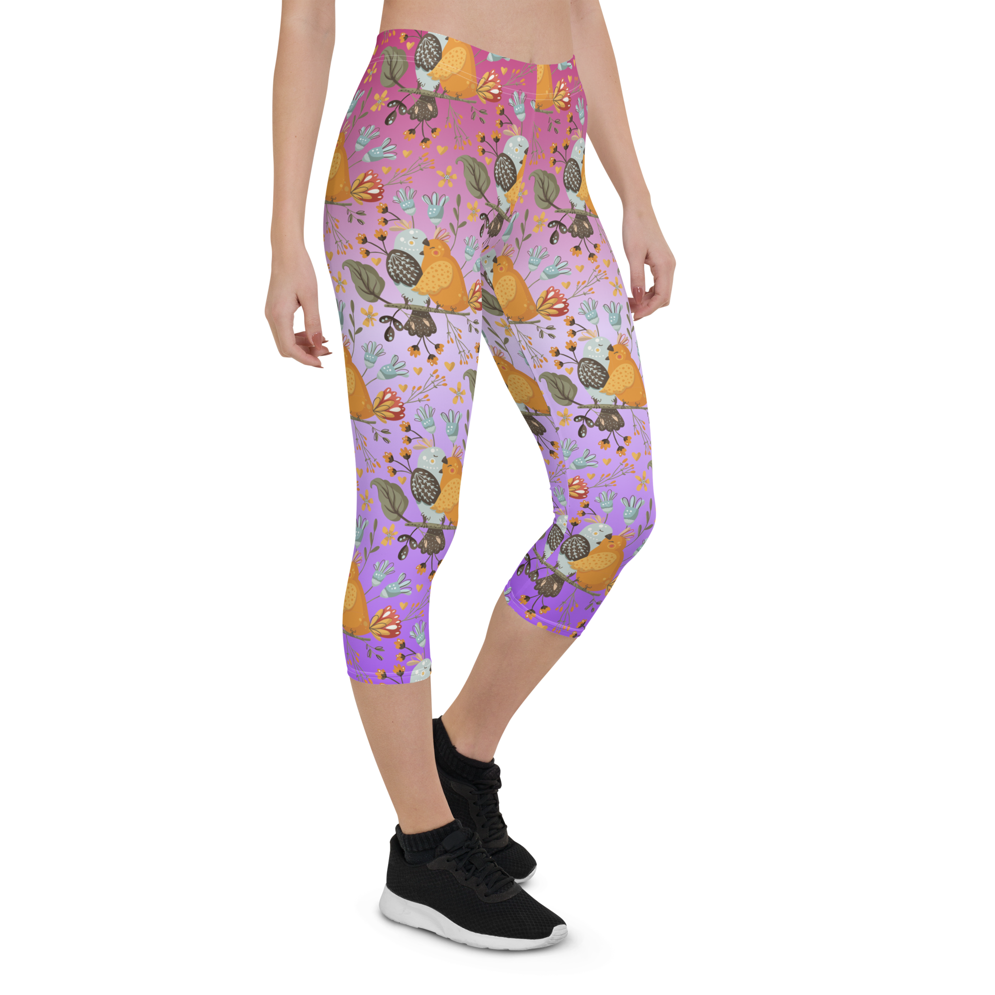 Pink & Purple | Boho Birds Pattern | Bohemian Style | All-Over Print Capri Leggings - #6