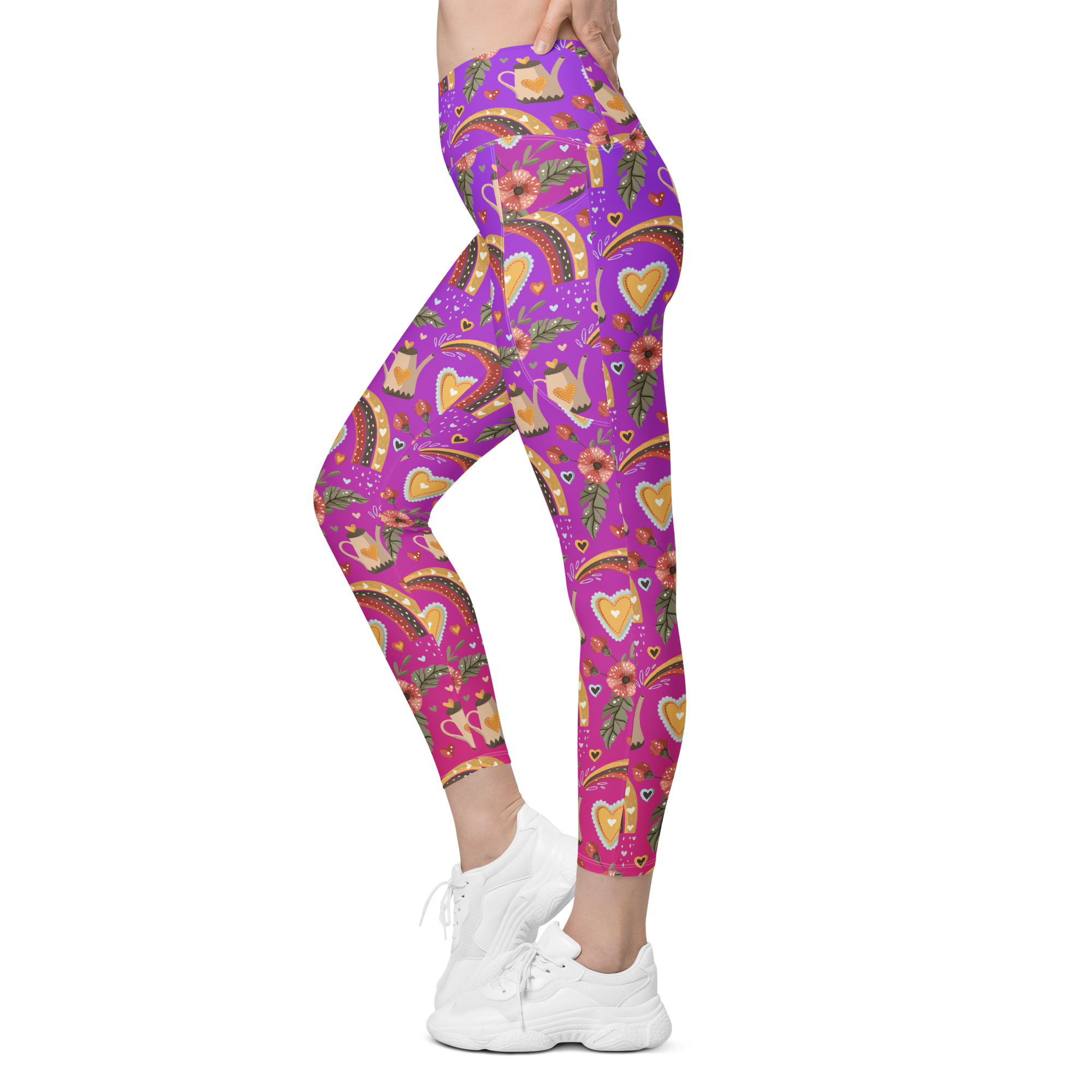 Pink & Purple | Boho Birds Pattern | Bohemian Style | All-Over Print Crossover Leggings with Pockets - #4