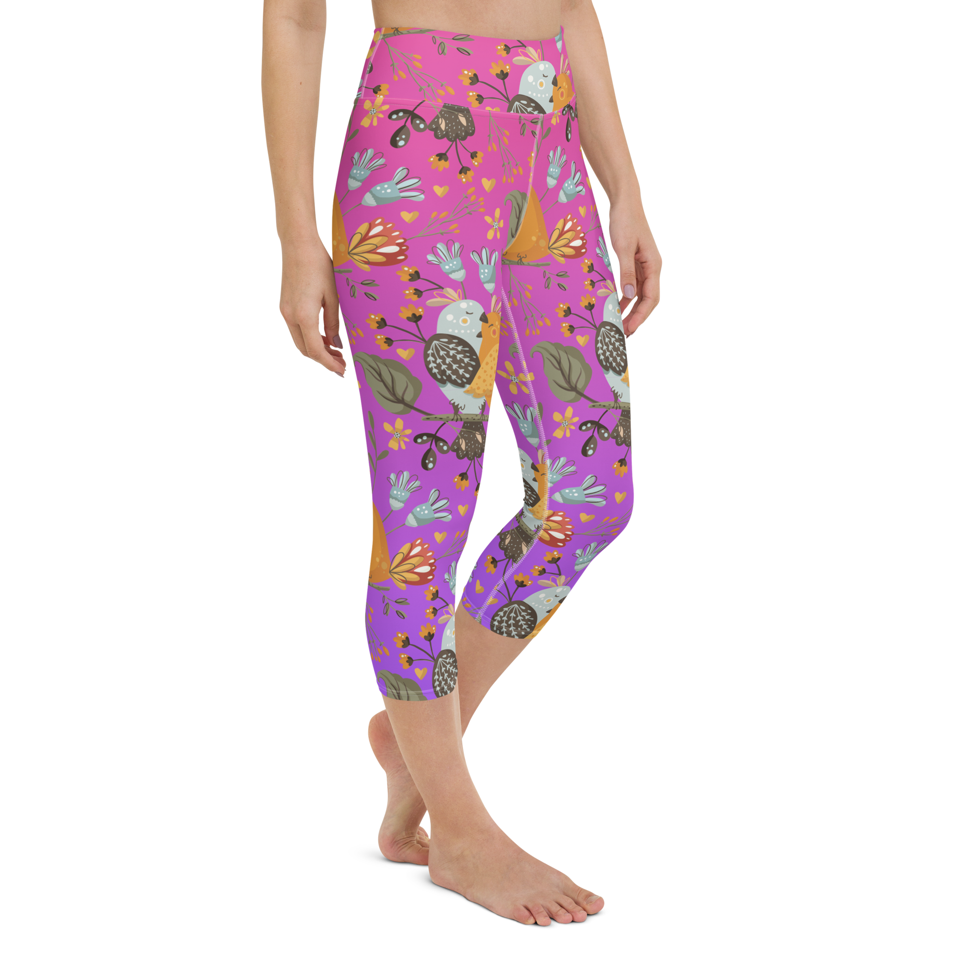 Pink & Purple | Boho Birds Pattern | Bohemian Style | All-Over Print Yoga Capri Leggings - #5