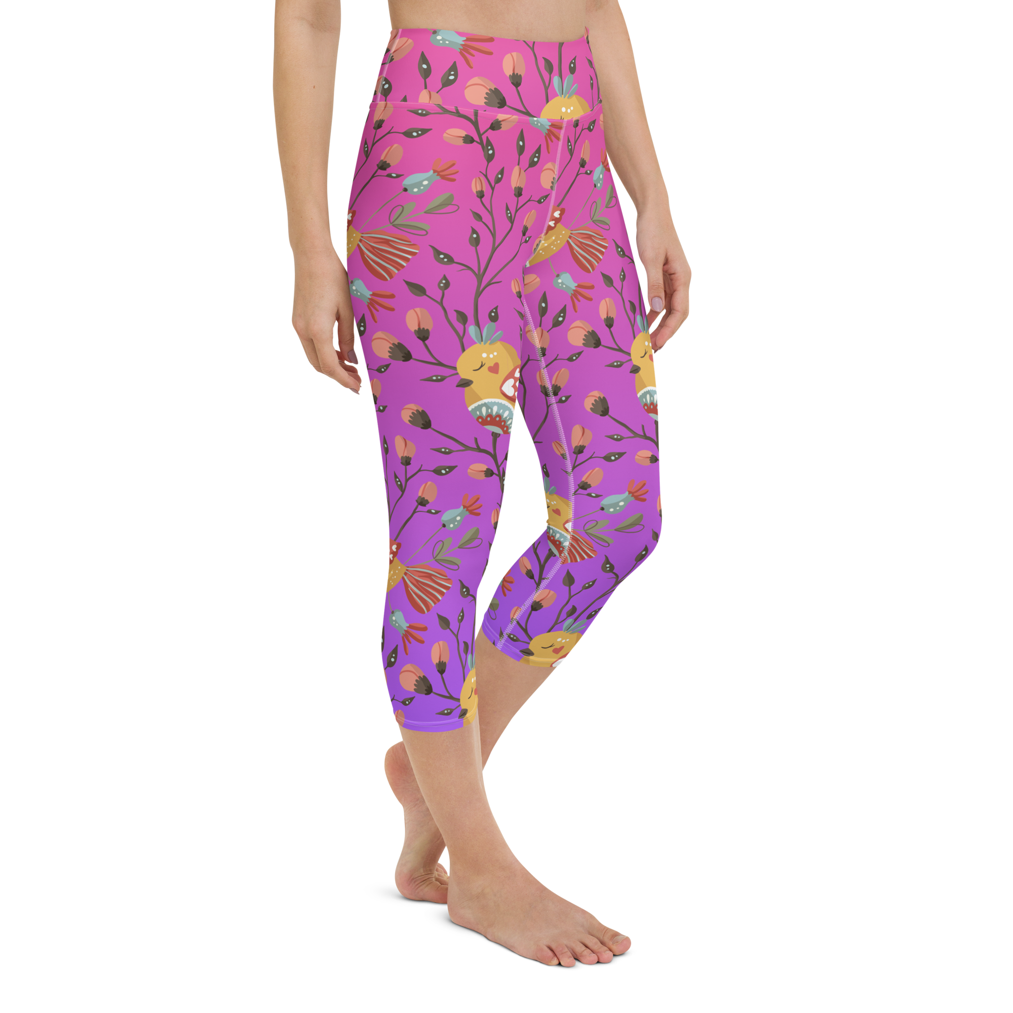 Pink & Purple | Boho Birds Pattern | Bohemian Style | All-Over Print Yoga Capri Leggings - #7