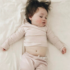 organic merino baby top and drawstring pants for sleep and play