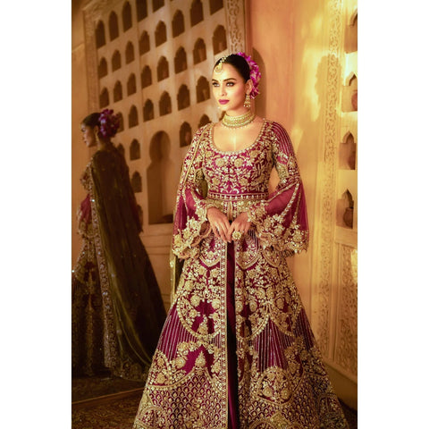 MAGENTA AND GOLD MUGHAL ANARKALI INDIAN BRIDAL LEHENGA