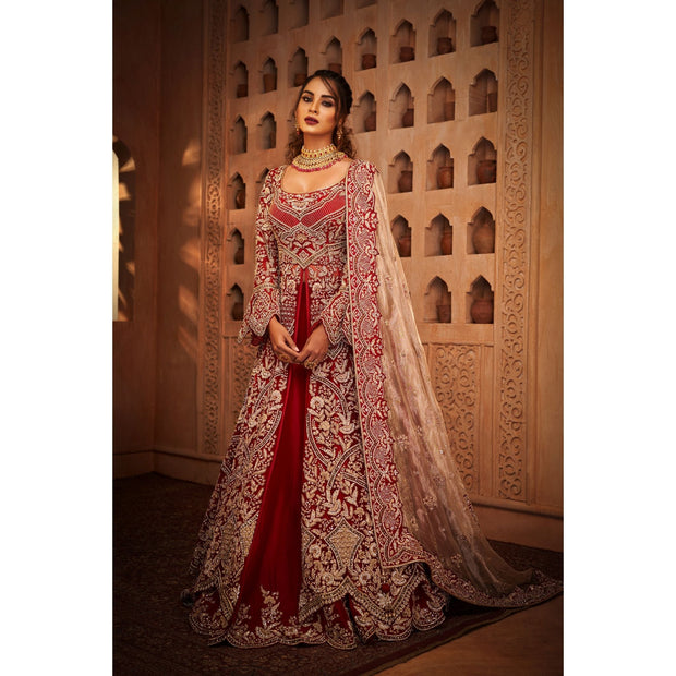 Deep Red And Gold Anarkali Lehenga - Indian Designer Bridal Wedding Outfit
