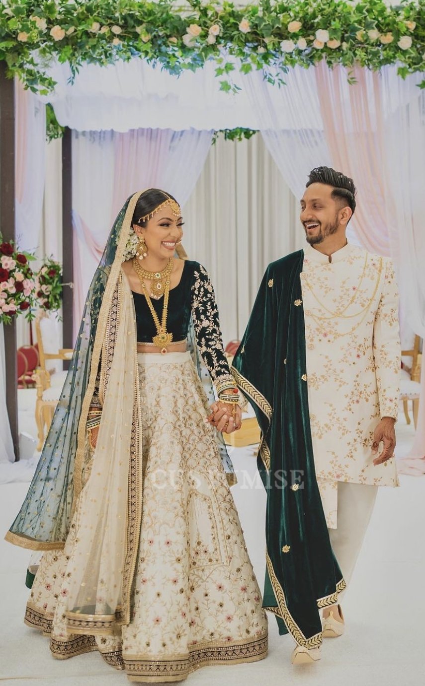 Our client Alisha wearing custom made indian bridal lehenga with custom hand embroidery. 