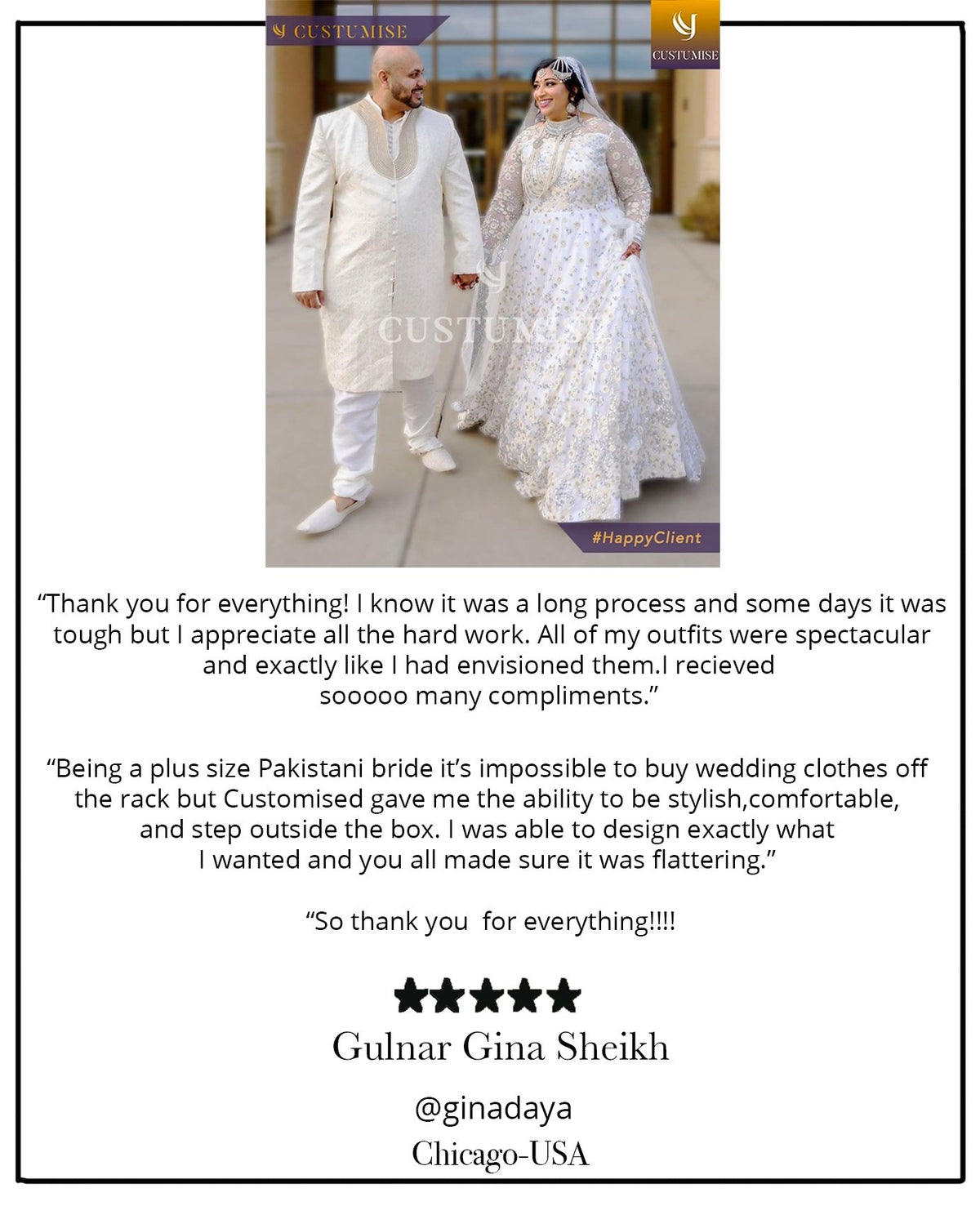 Our client Gulnar wearing custom made wedding gown with custom hand embroidery. 