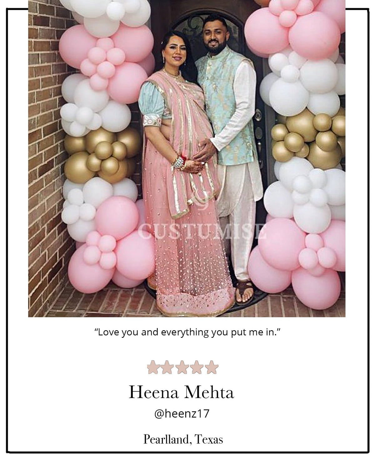 Our client Heena wearing custom made indian baby shower lehenga with coordinated outfit for her husband.