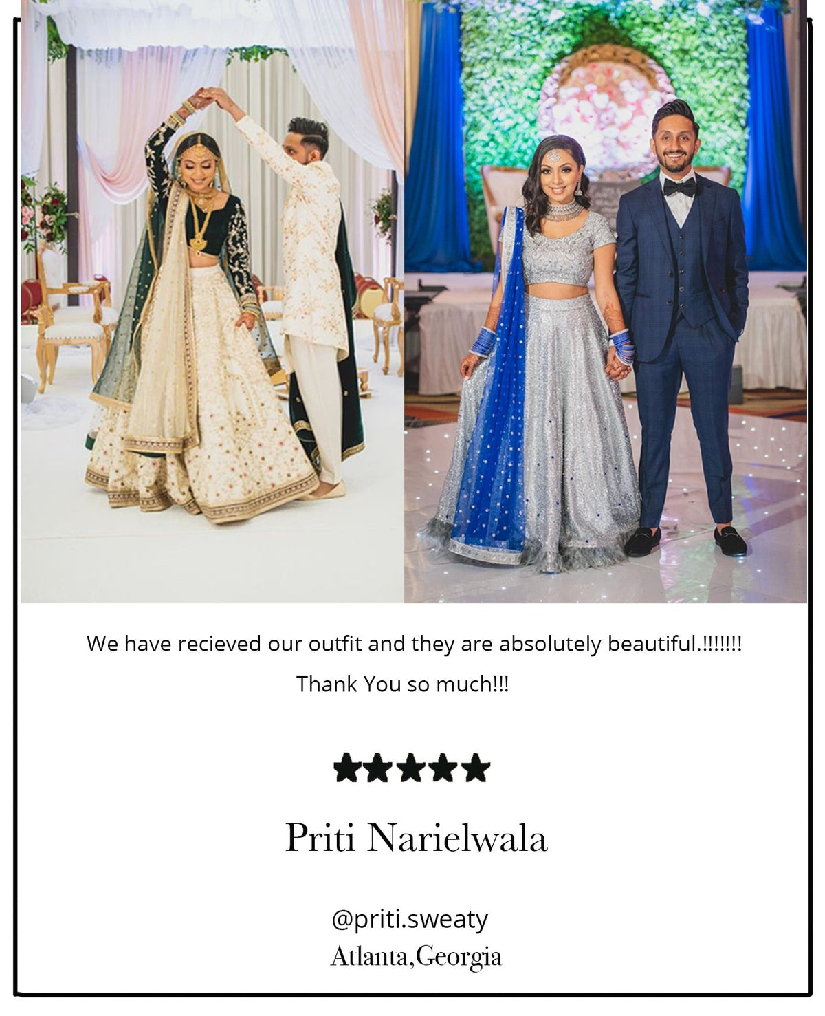 Our clients Priti and Parth from Atlanta wearing custom made indian coordinated bride and groom outfits.