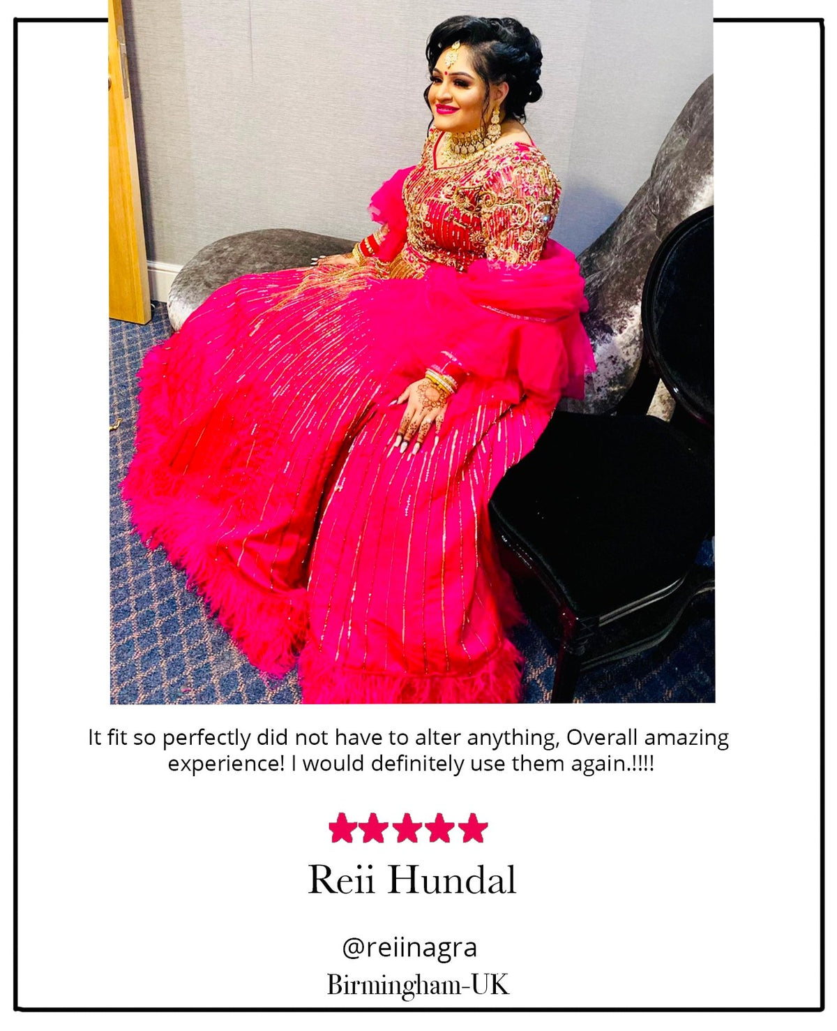 Our client Reii from UK wearing custom made indian bridal lehenga with custom hand embroidery. 