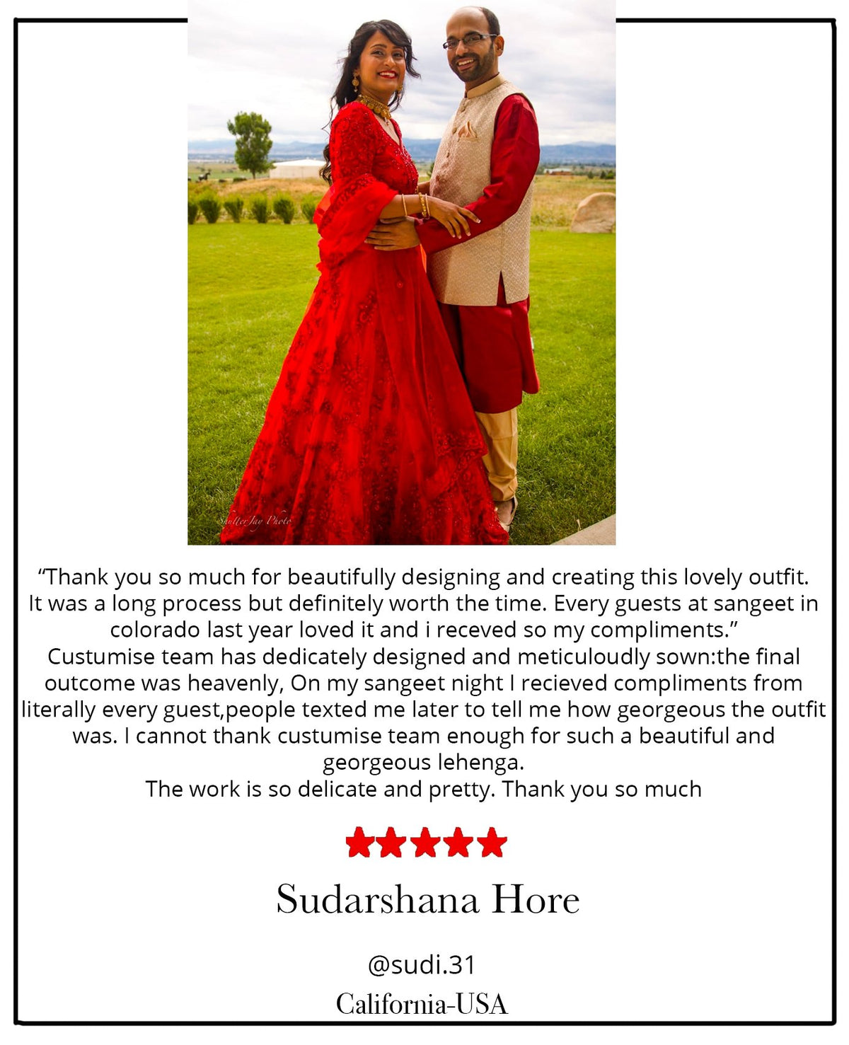 Our client Sudarshana from California wearing custom made indian bridal red lehenga with custom hand embroidery. 