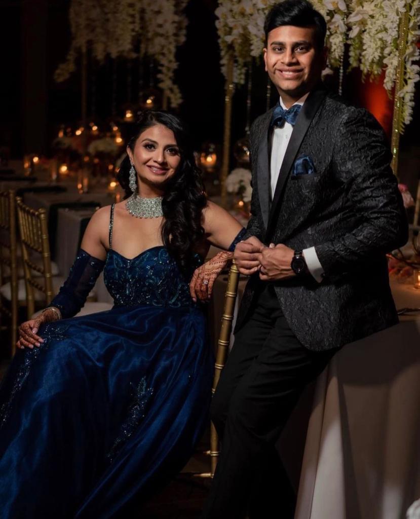 Our client Krishna Patel from Chicago wearing fully custom made Indian reception lehenga with all custom handwork.