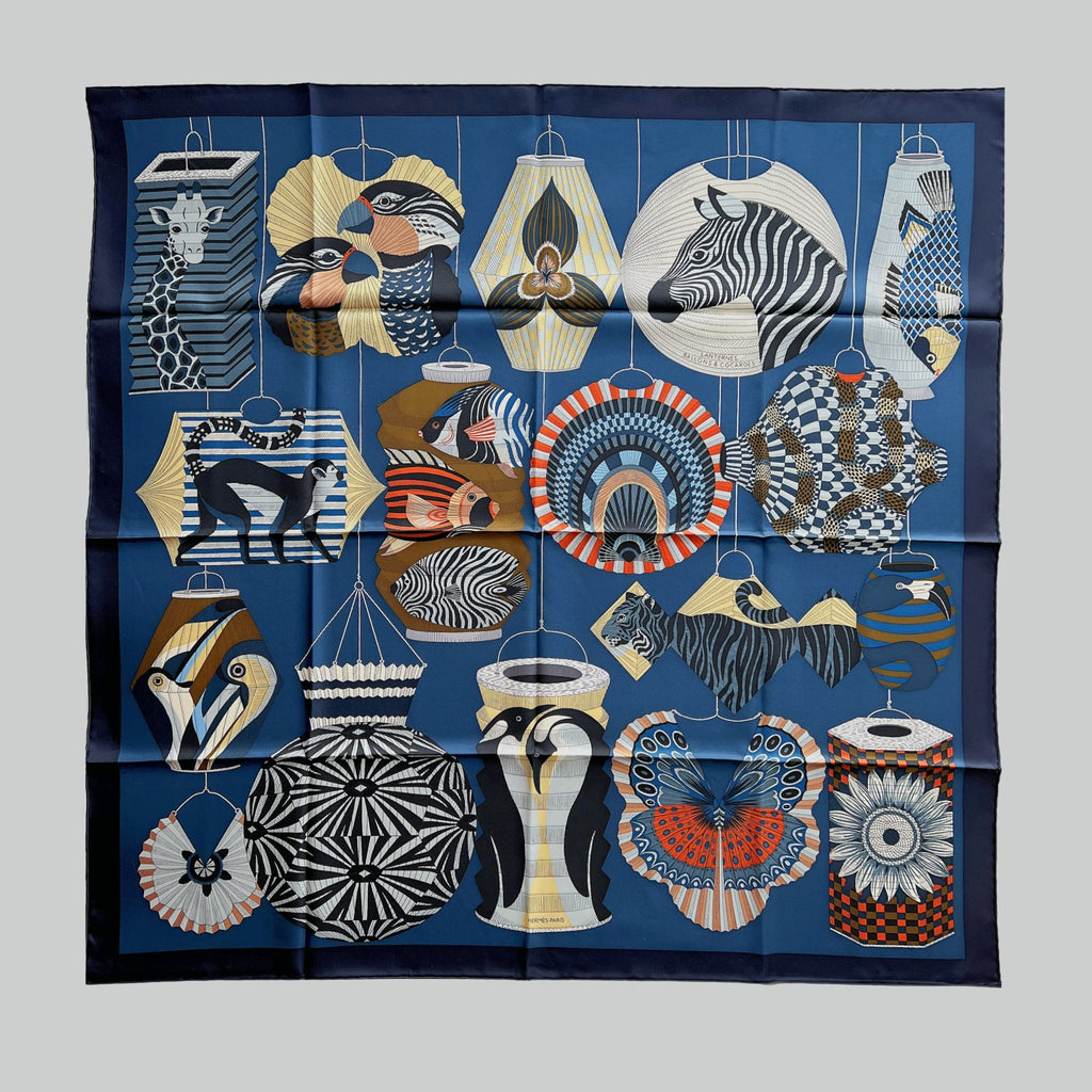 Hermes Lanternes, Ballons Et Cocardes Scarf 90 In Navy Blue and Bronze