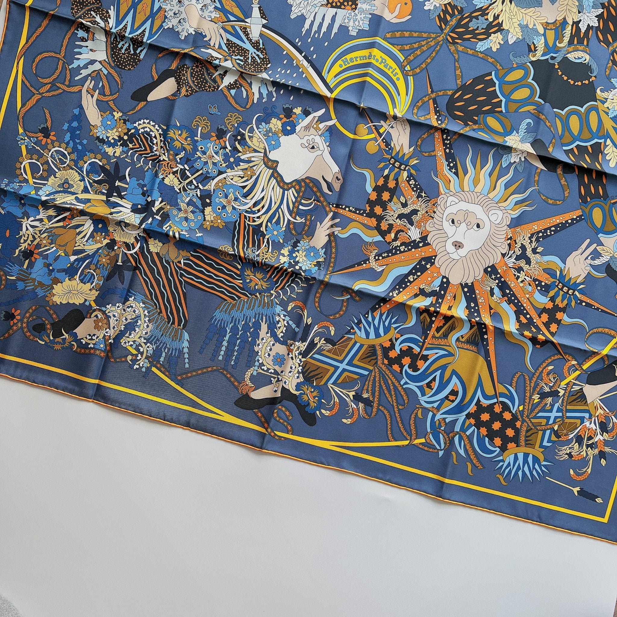 Hermes Le Sacre des Saisons scarf 90 In Navy Blue, Caramel And Gold ...