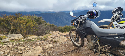 Two adventure bikes overlooking Mt Coree