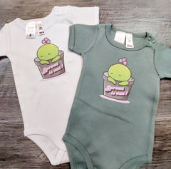 Baby onesies in sage and white with baby sprout is out words and image of pot and plant