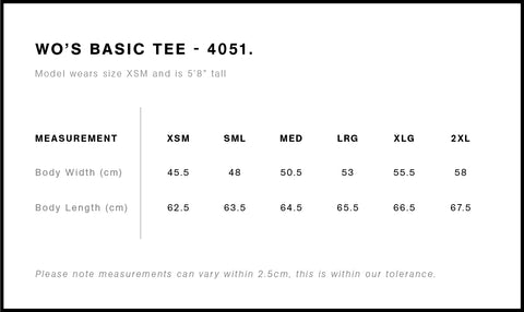 Size chart for basic scoop bottom tee