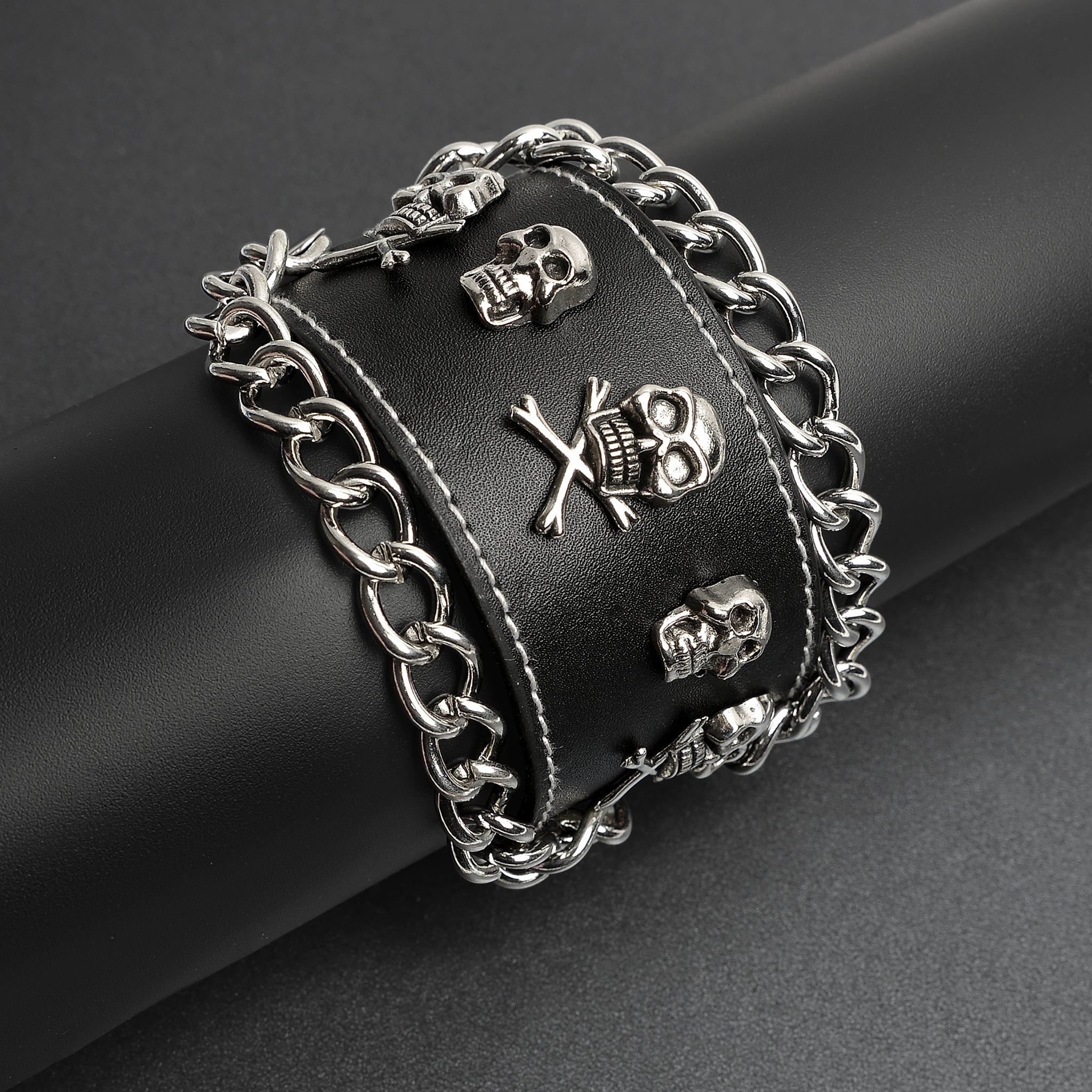 BS40 Rock Metal Skull Studded Vintage Leather Bracelet Wristband Wide Cuff  Men's | eBay