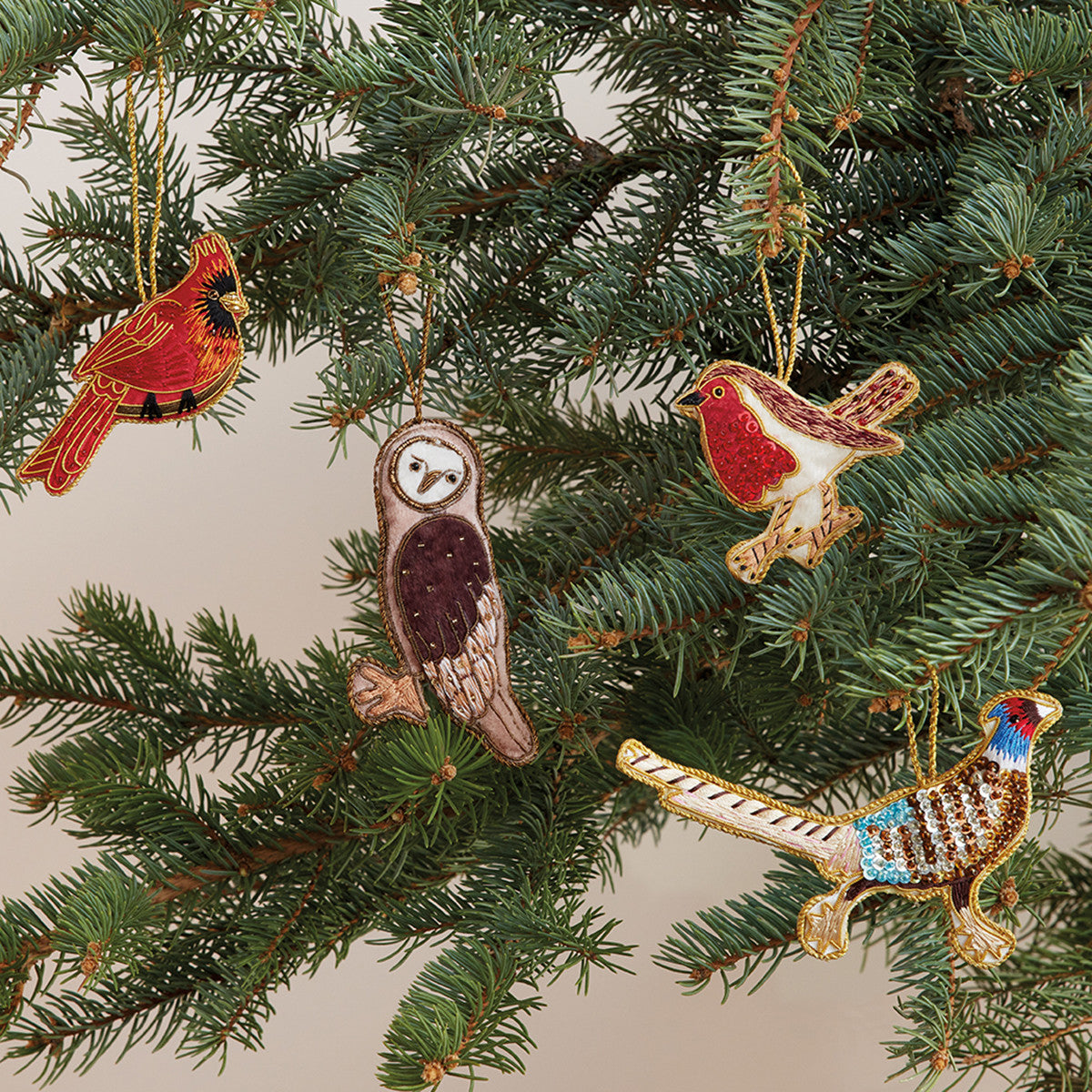 Embroidered Bird Christmas Ornaments