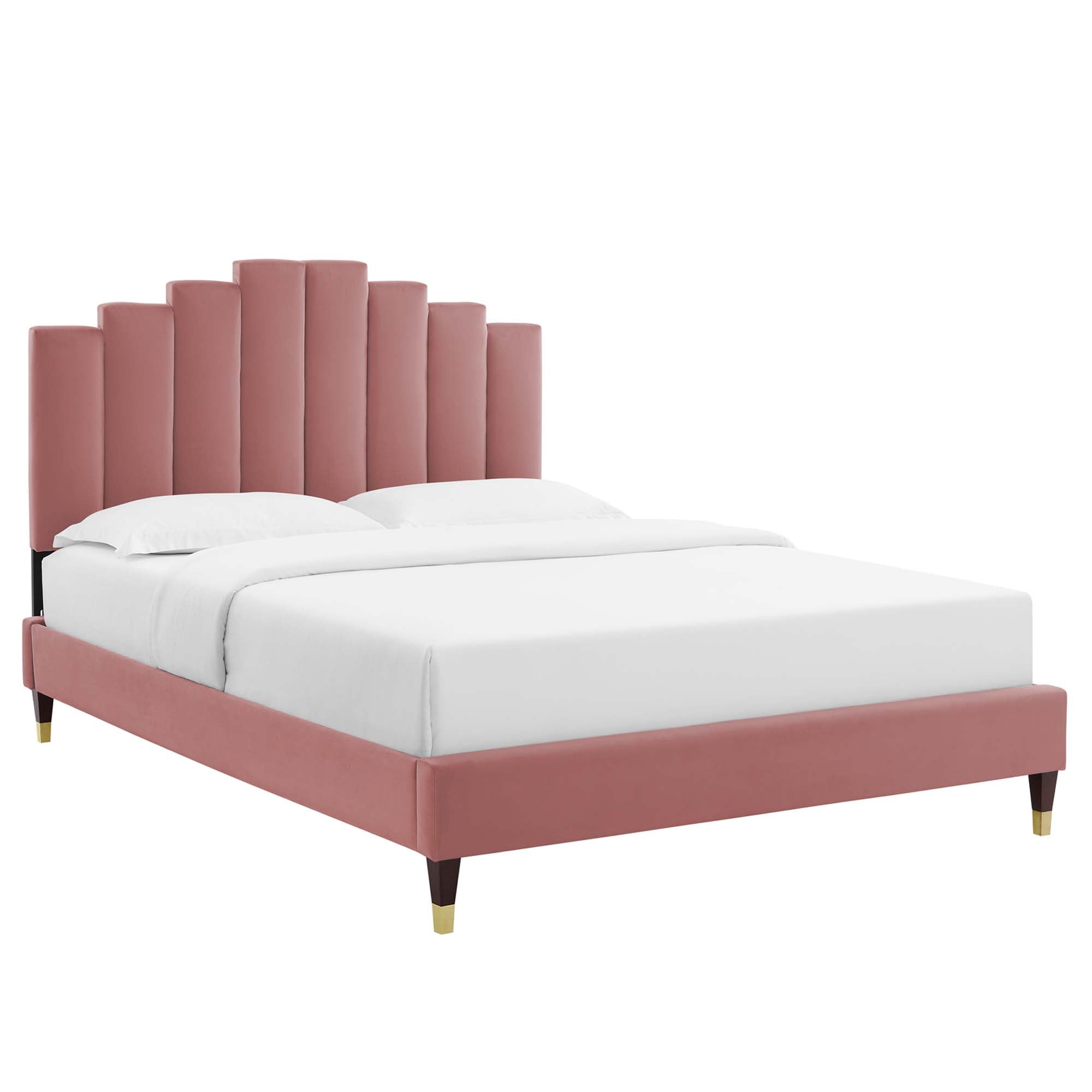 Sienna Performance Velvet Platform Bed With Wood and Gold Legs