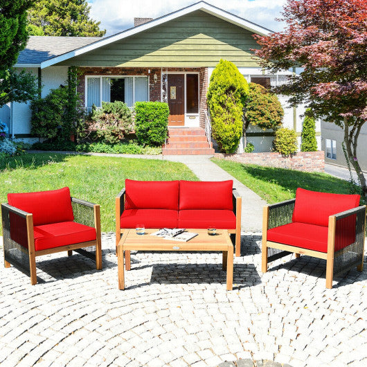 4 Pcs Acacia Wood Outdoor Patio Furniture Set with Cushions-Red