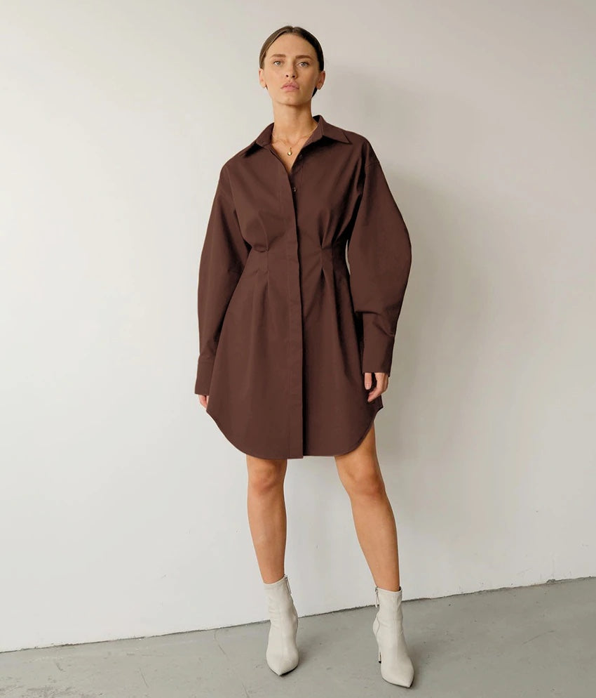 Brown / S - Elletra Pleated Shirt Dress – SunsetFashionLA