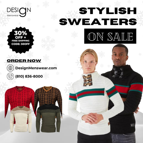 Design Menswear flyer promoting stylish sweaters