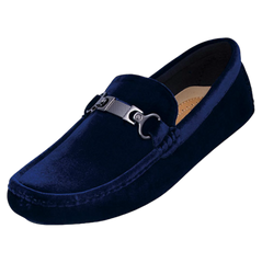 Royal Shoes Navy Suede Leather Material with Sliver Buckle Style MOC-69 Blue - DESIGN MENSWEAR