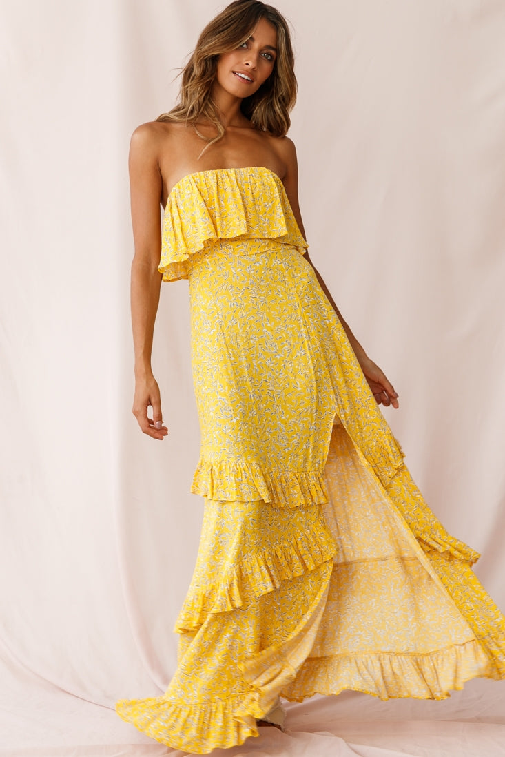 Kiya Layered Bandeau Maxi Dress Leaf Print Mustard