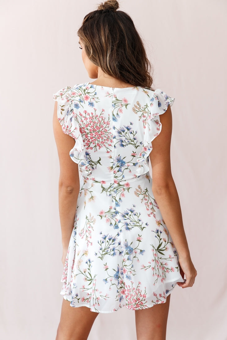 Maison Lace-Up Bust Ruffle Dress Ivory Floral