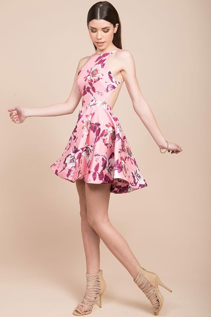 Stella Open Back Fit & Flare Floral Print Dress Pink