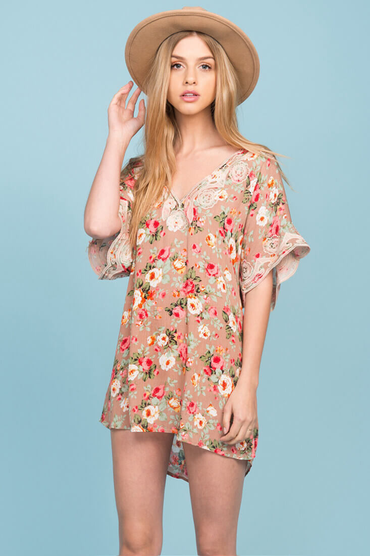 Brynn Floral Embroidered Tunic Dress Mocha