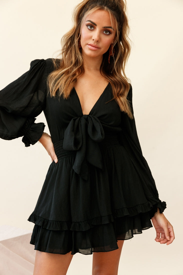 Anthea Bow-Tie Front Layered Frill Dress Black